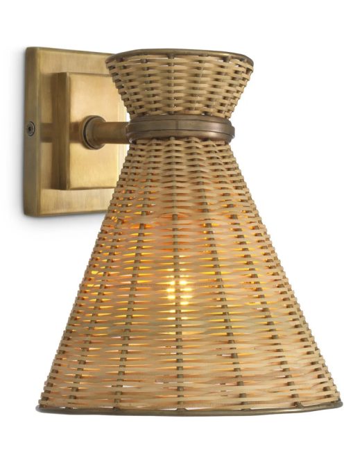 Kon Tiki fali lámpa, vintage sárgaréz bevonattal, natúr rattan