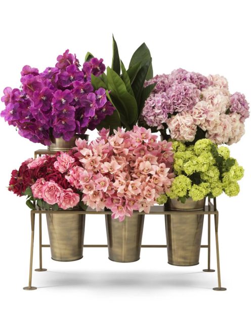 Kijelző állvány Maison des Fleurs vintage sárgaréz kivitelben, 6 vödörrel