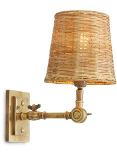   Wentworth fali lámpa, szimpla, vintage sárgaréz kivitelben, rattan ernyővel
