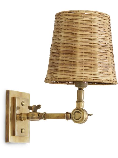 Wentworth fali lámpa, szimpla, vintage sárgaréz kivitelben, rattan ernyővel