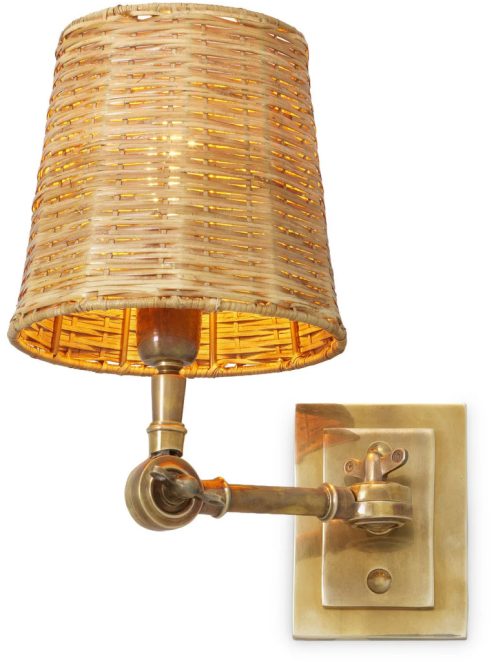 Wentworth fali lámpa, szimpla, vintage sárgaréz kivitelben, rattan ernyővel