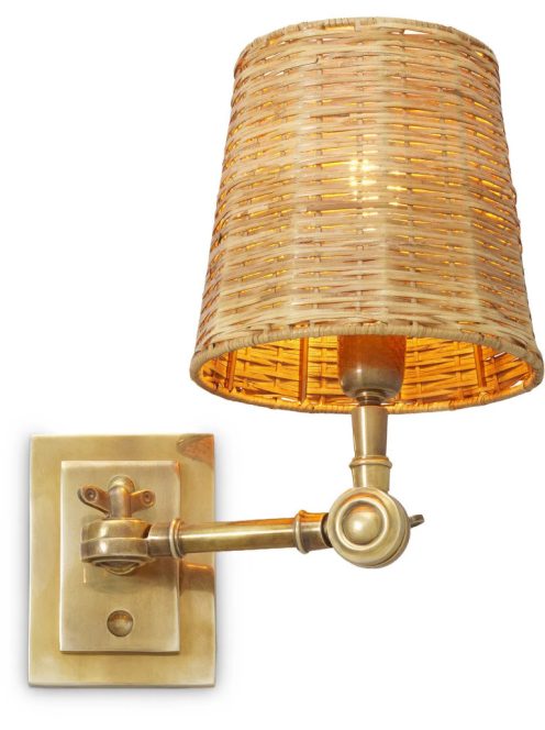 Wentworth fali lámpa, szimpla, vintage sárgaréz kivitelben, rattan ernyővel