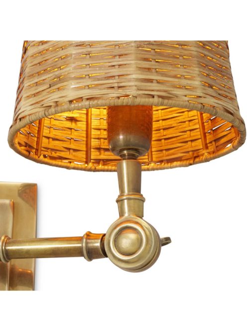 Wentworth fali lámpa, szimpla, vintage sárgaréz kivitelben, rattan ernyővel
