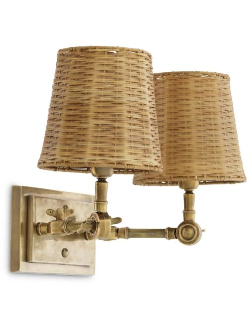 Wentworth fali lámpa, dupla, vintage sárgaréz kivitelben, rattan ernyővel