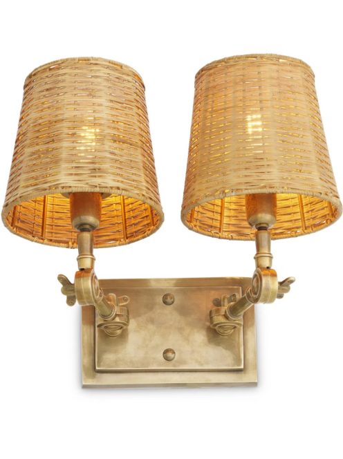 Wentworth fali lámpa, dupla, vintage sárgaréz kivitelben, rattan ernyővel